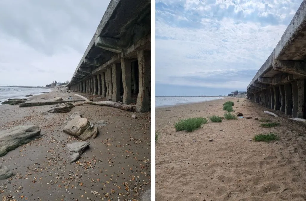 Слева — побережье в районе Каспийска в 2023 году, а справа — в 2025 году, кадры сделаны из одной точки // Фото автора